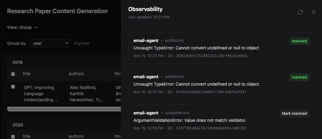 Agent observability panel showing error tracking with agent context
